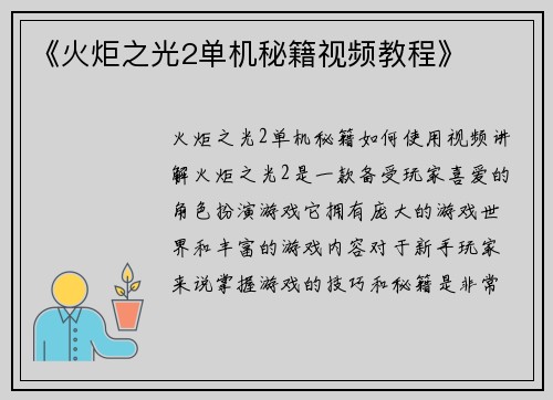 《火炬之光2单机秘籍视频教程》