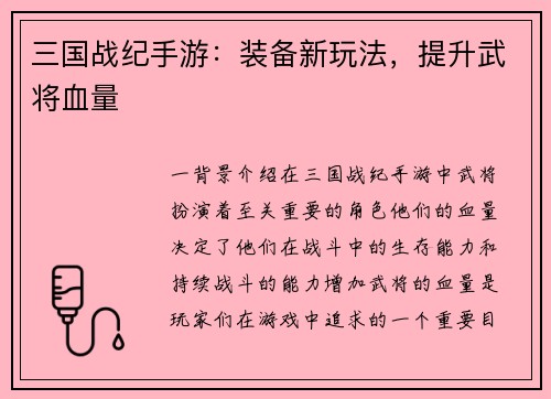 三国战纪手游：装备新玩法，提升武将血量